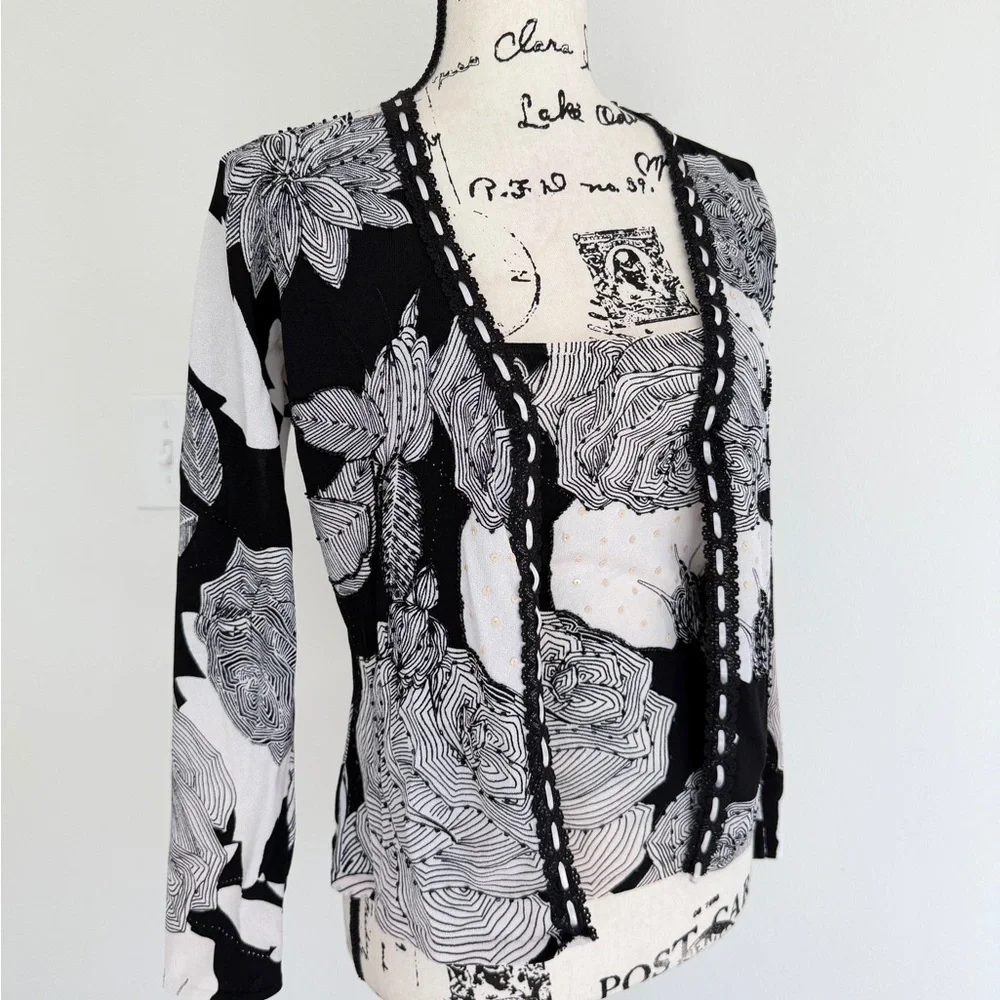 Alberto Makali Monochrome Floral Open Cardigan & Tank Top Set Sz M Romantic - Picture 8 of 16